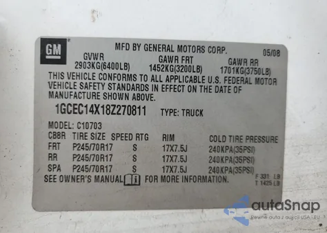 2008 Chevrolet Silverado C1500 из США, поврежденный, VIN 1GCEC14X18Z270811